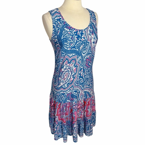 MSK Drop Waist Sleeveless Tiered Midi Dress Bright Blue Paisley, Medium - Picture 4 of 11
